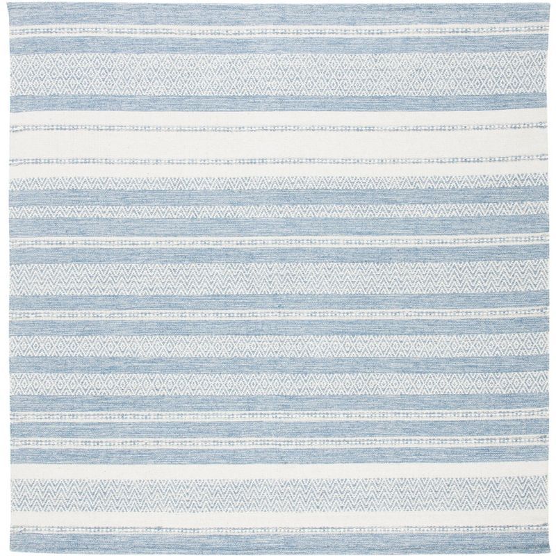 Ivory and Blue Striped Square Wool Cotton Area Rug