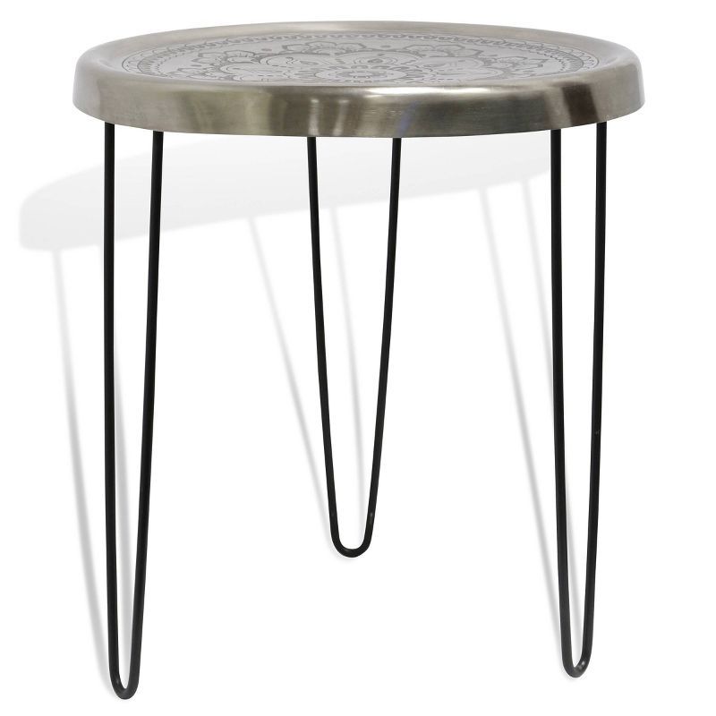 Logan 18" Silver Metal Round Side Table with Folding Black Legs