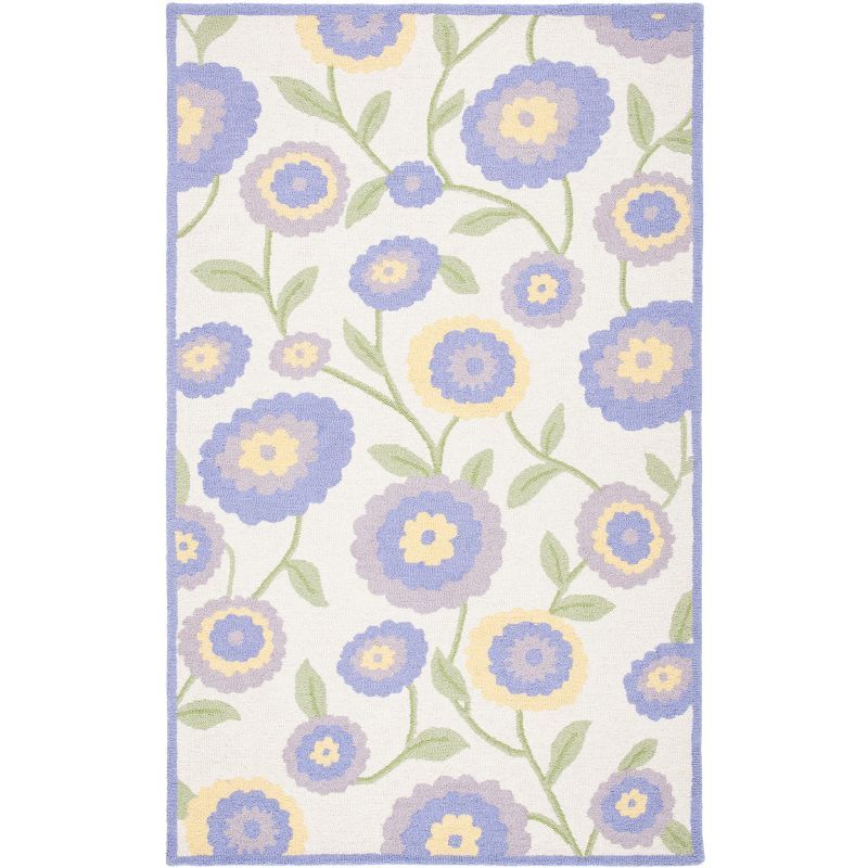 Ivory and Lavender Floral Hand-Tufted Wool Kids Rug 5' x 8'