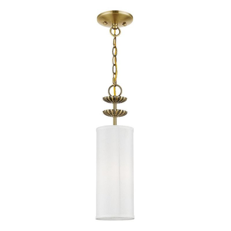 Antique Brass Floral Mini Pendant with Off-White Drum Shade