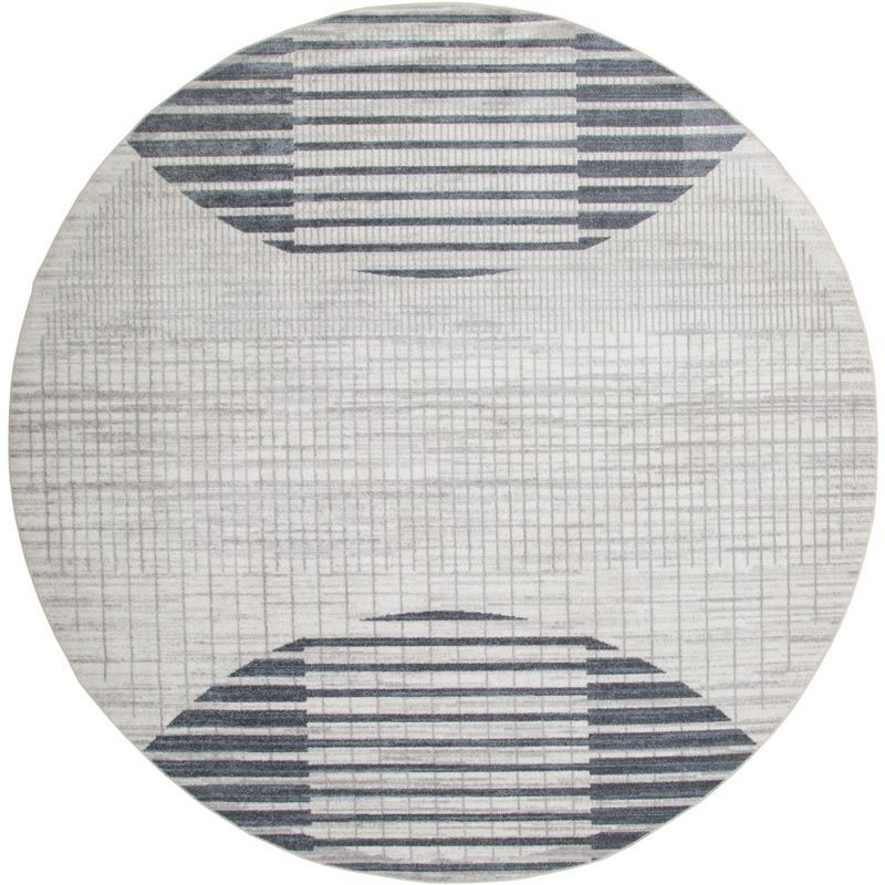 Astra Blue and Ivory Round Geometric Washable Rug 5'3"