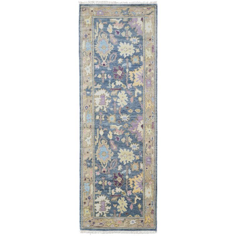 Karina Blue and Beige Floral Wool Runner Rug