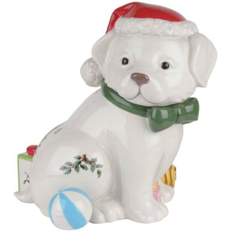 Festive White Ceramic Puppy Cookie Jar with Lid