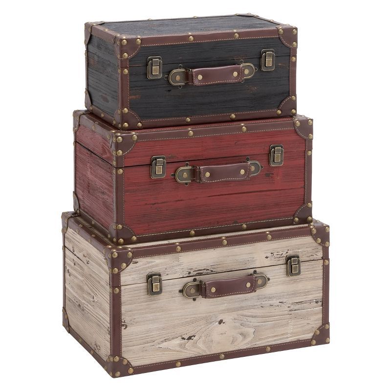 Set of 3 Multicolor Wood and Leather Storage Trunks