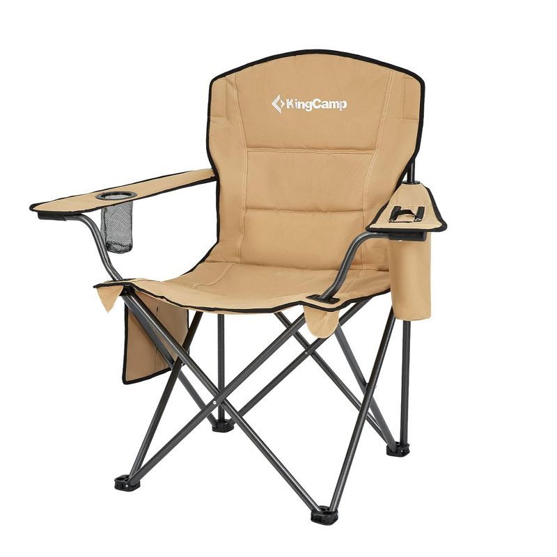 Khaki Padded Folding Camping Chair with Cupholder and Cooler