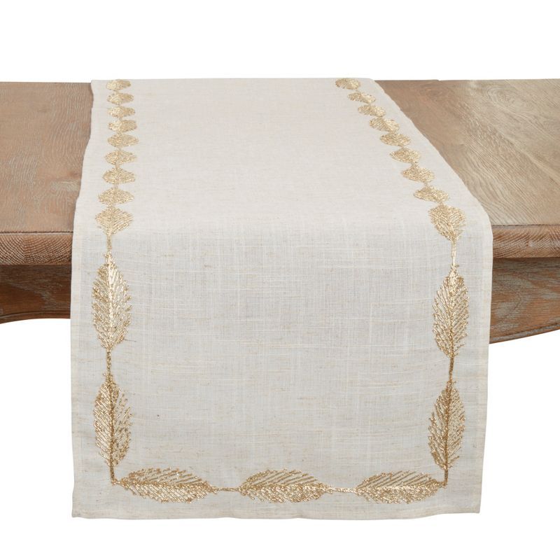 Cream and Gold Floral Embroidered Polyester Table Runner