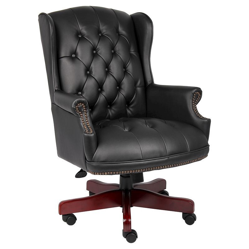 Elegant High-Back Swivel Banker Chair in Black Vinyl and Mahogany Wood