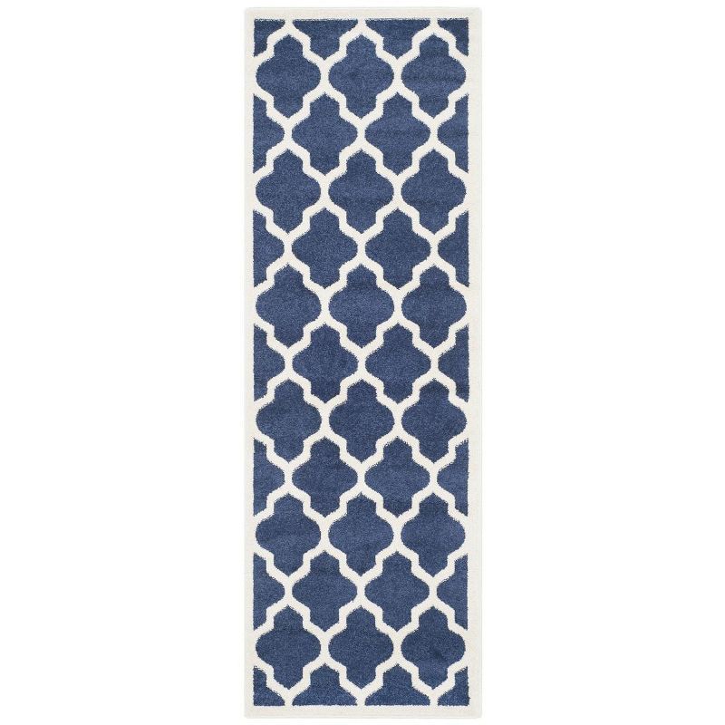 Navy Beige Geometric Reversible Synthetic Runner Rug