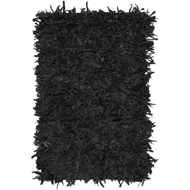 Luxurious Black Leather Hand-Knotted Shag Rug, 3' x 5'