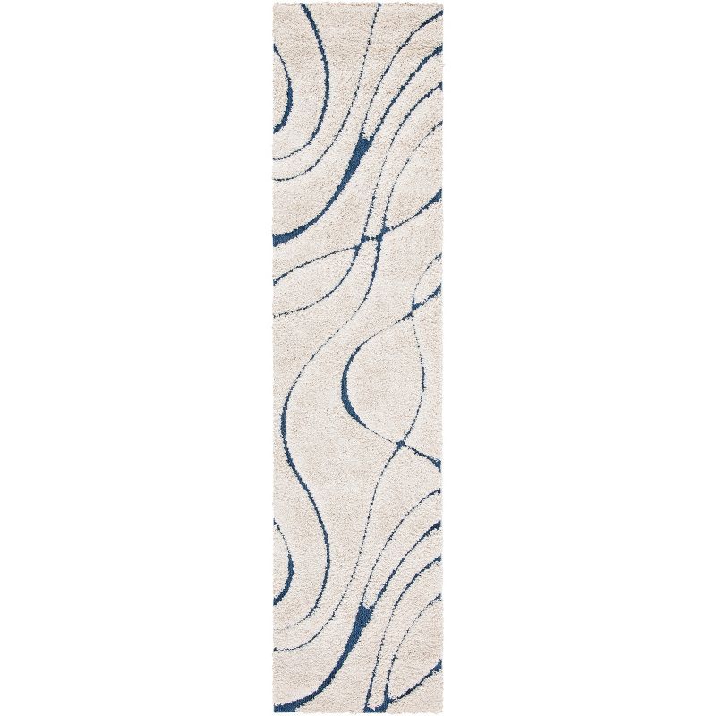 Cream and Blue Hand-Knotted Shag Runner Rug
