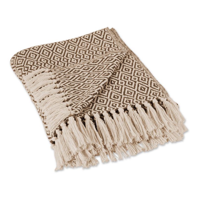 Brown Cotton Double Diamond Throw Blanket with Fringe