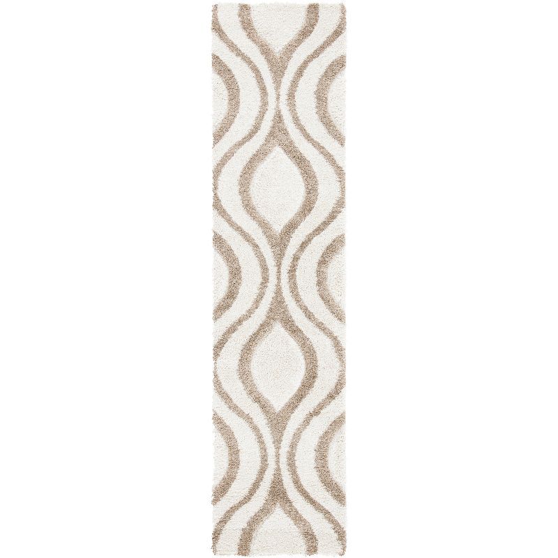 Ivory and Beige Geometric Shag Runner Rug