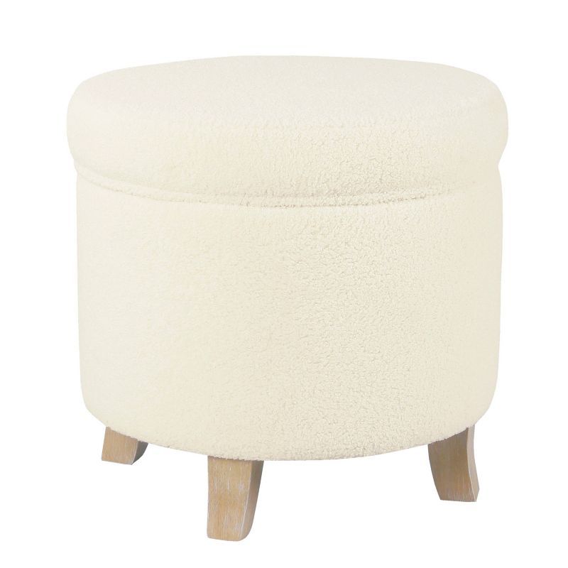 Cream Faux Sheepskin Round Storage Ottoman with Flared Wood Legs