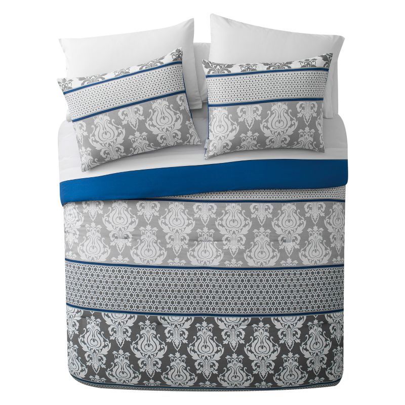 Full Blue Damask Microfiber Bed in a Bag Set