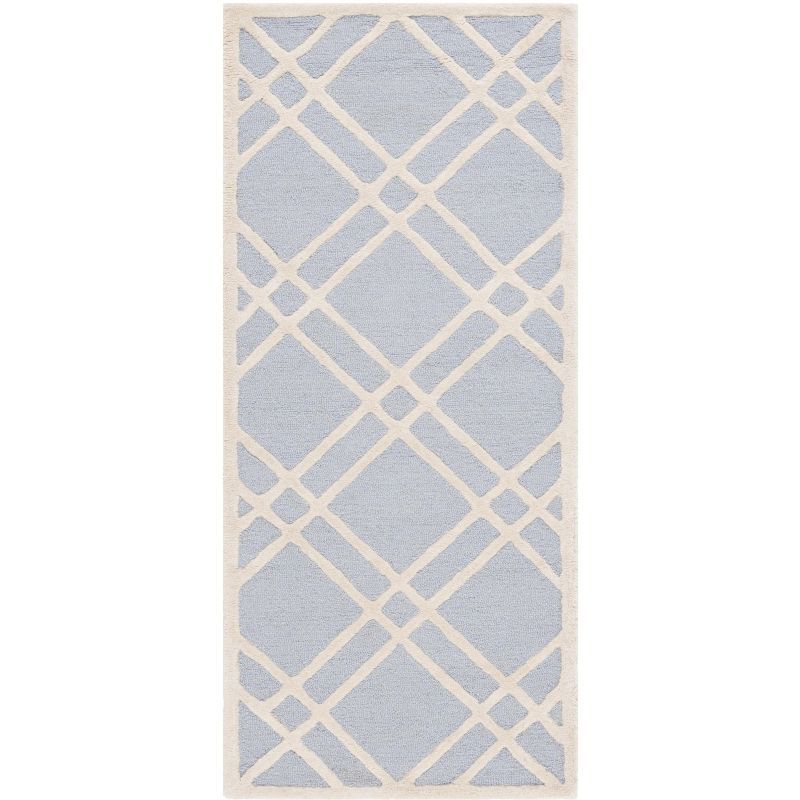 Light Blue and Ivory Hand-Tufted Wool Geometric Runner Rug