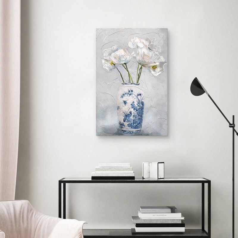 24" x 36" White Floral Vase on Gray Canvas Art