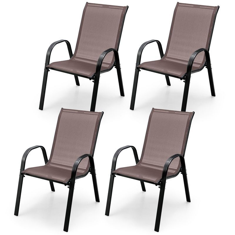 Brown Stackable Patio Dining Chairs with Curved Armrests