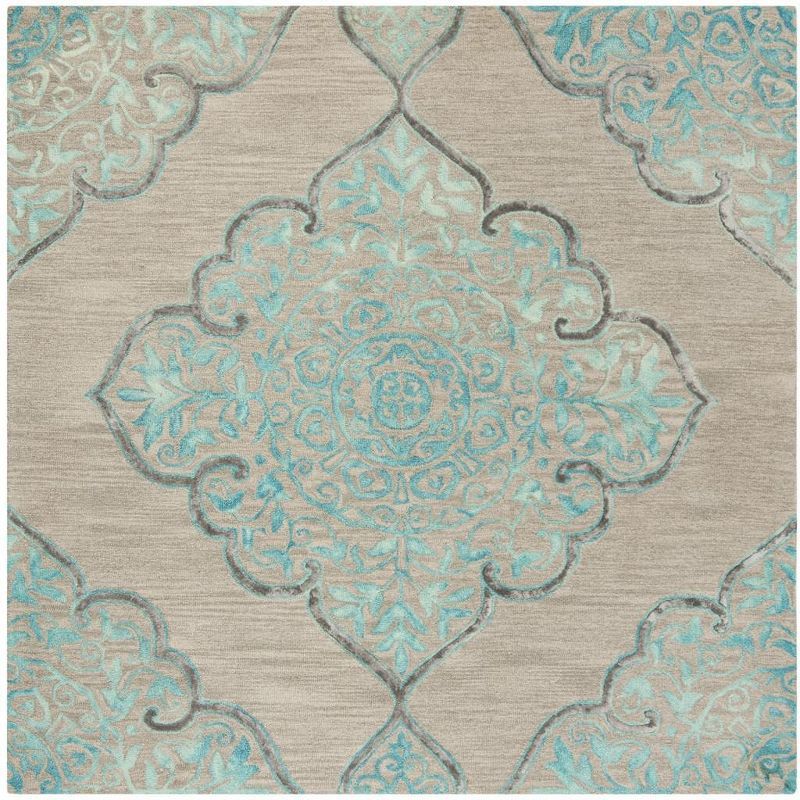 Elysian Gray and Turquoise Square Tufted Wool-Silk Blend Rug - 7' x 7'