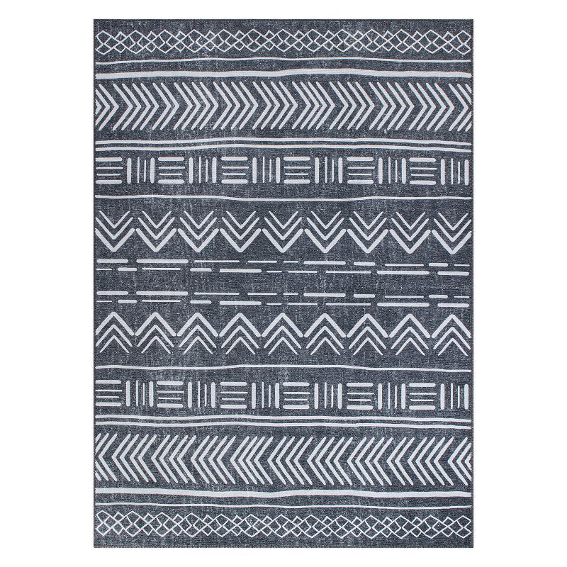 Dark Gray Geometric Flat Woven Machine Washable Area Rug