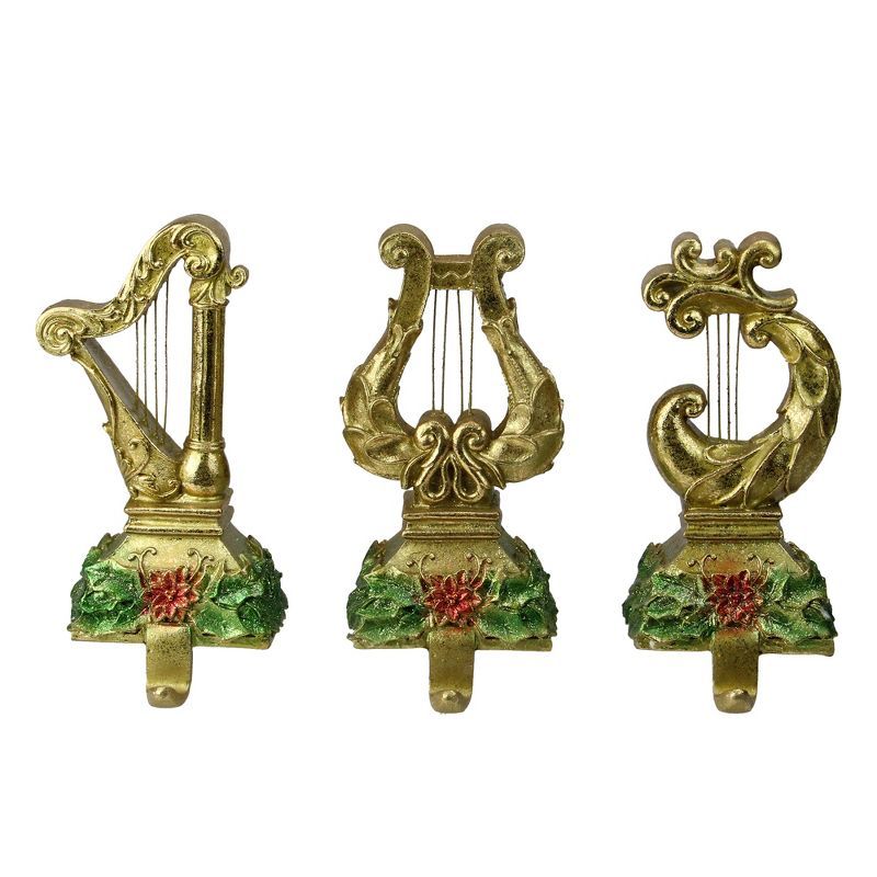 Gold Glittered Harp Christmas Stocking Holders Set of 3