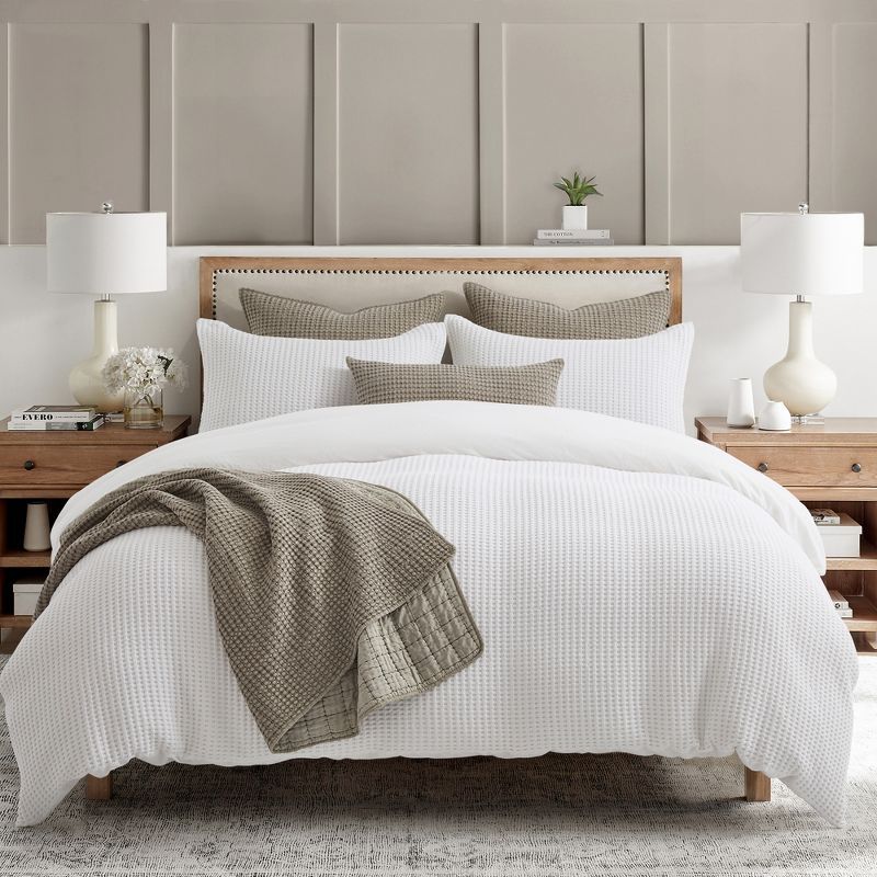 Bright White Cotton Waffle Weave Duvet Set with Shams