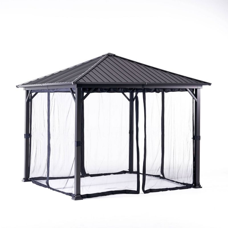 Pablo 10' x 10' Black Aluminum Hardtop Gazebo with Mosquito Netting