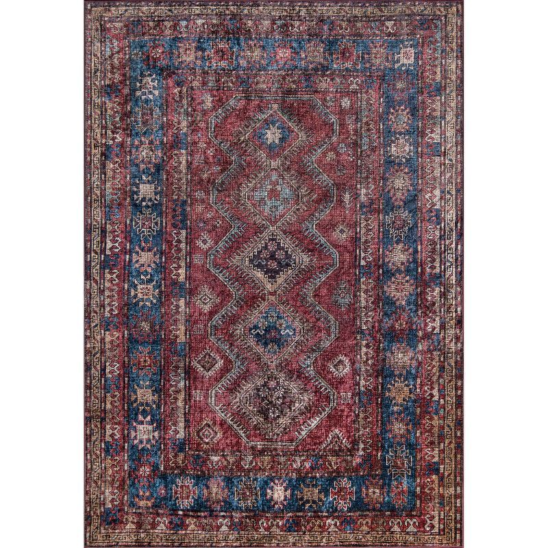 Burgundy and Blue Rectangular Synthetic Area Rug