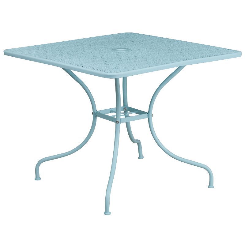 Sky Blue Square Steel Indoor-Outdoor Dining Table with Umbrella Hole