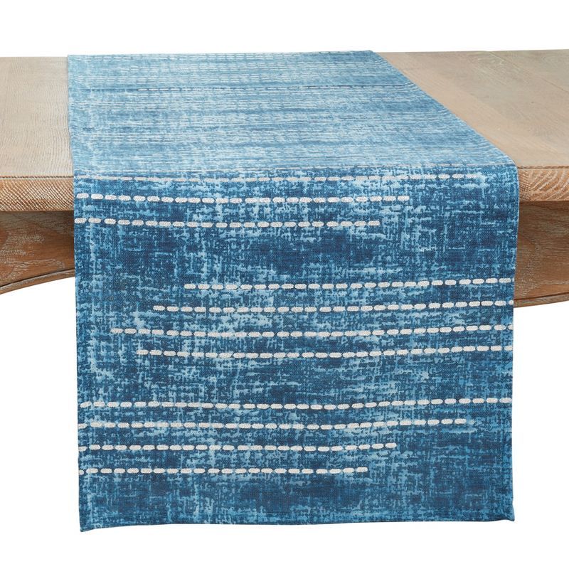 Blue Cotton Table Runner with Foil Print Dash Line Design