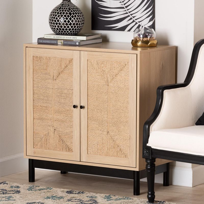 Light Brown and Black Woven Rope Accent Cabinet