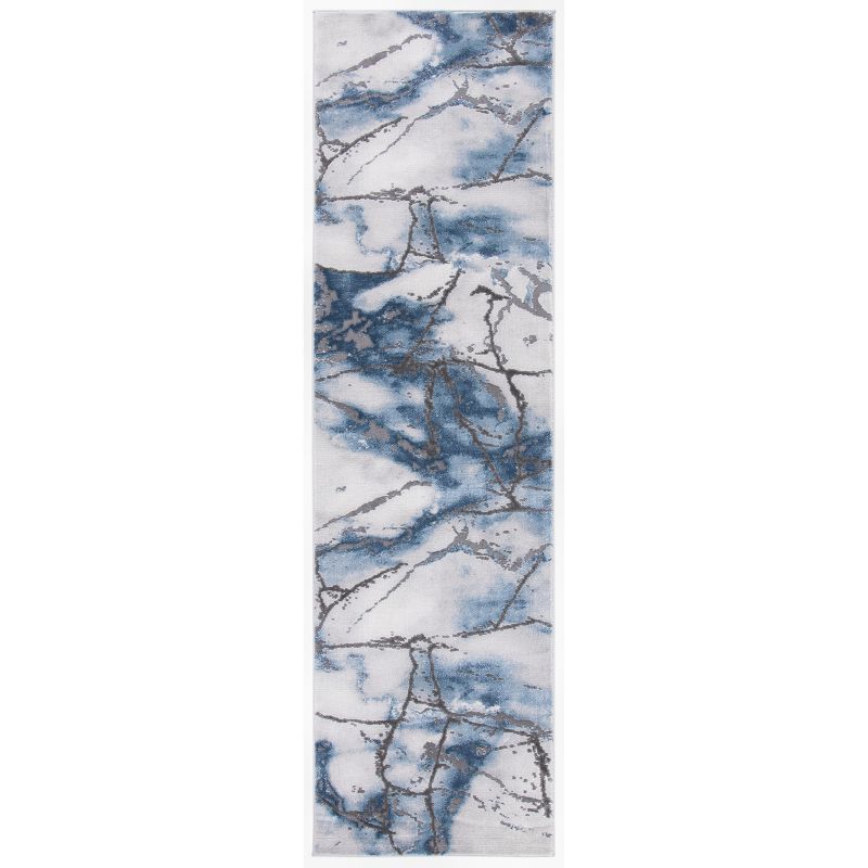 Grey and Blue Abstract Synthetic Runner Rug, 2'3" x 6'