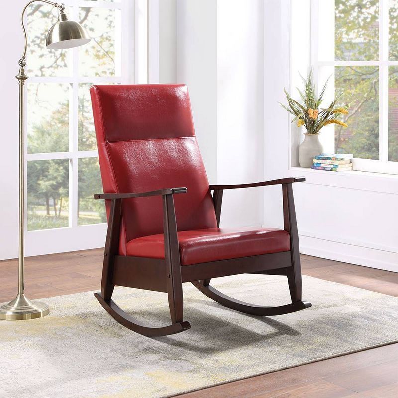 Luxurious Espresso and Red PU Mid-Century Rocking Chair