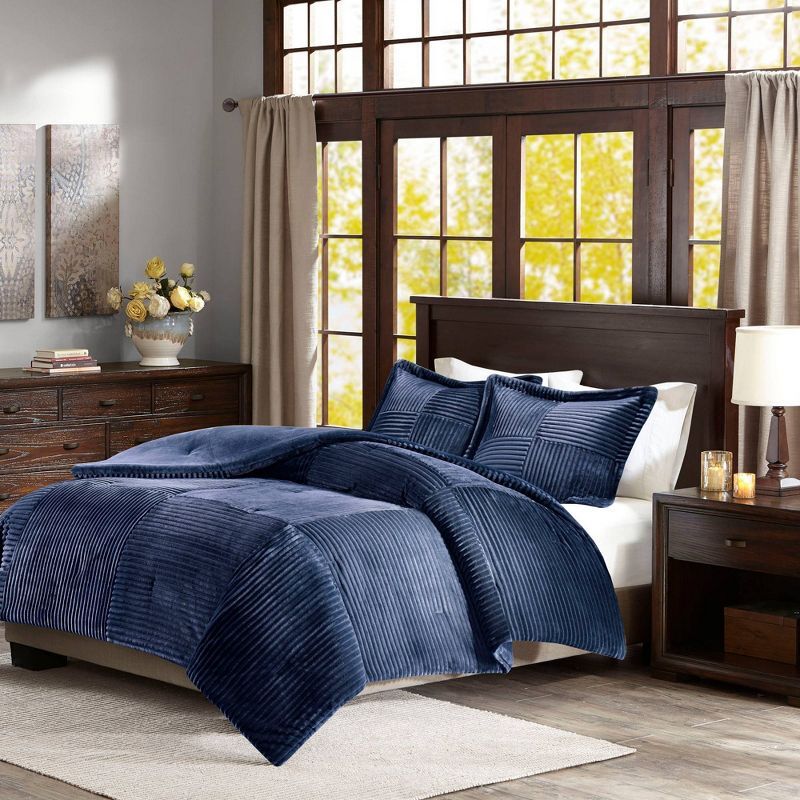 Navy King Corduroy Plush Comforter Set with Shams