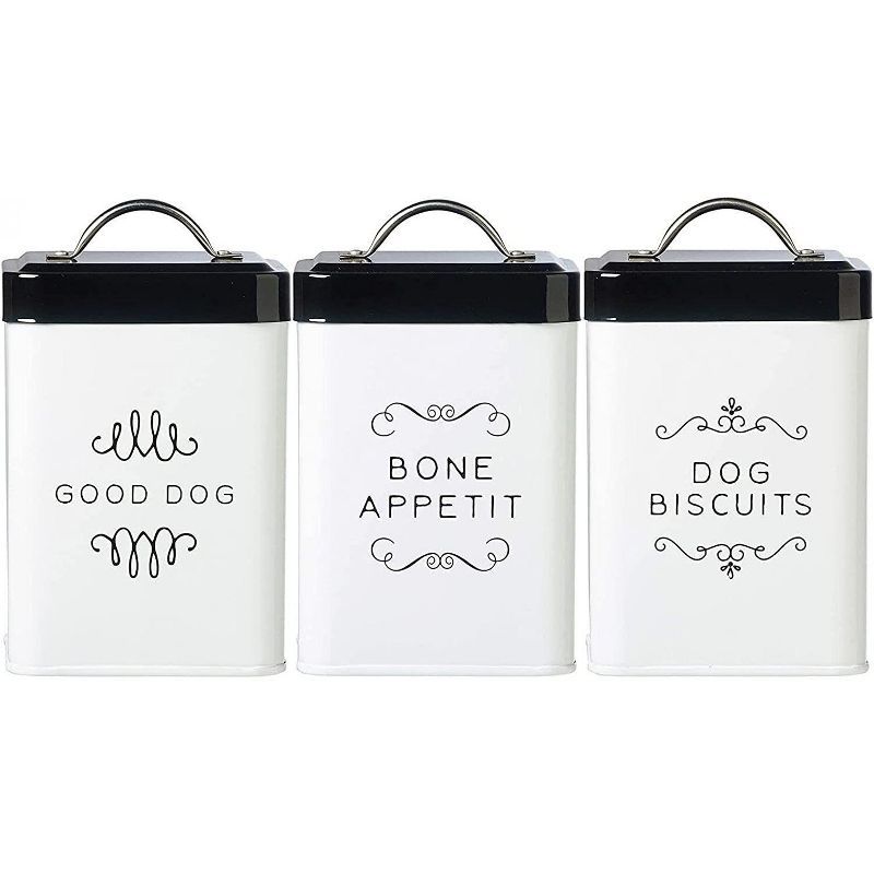 White and Black Metal Pet Treat Storage Canisters, Set of 3