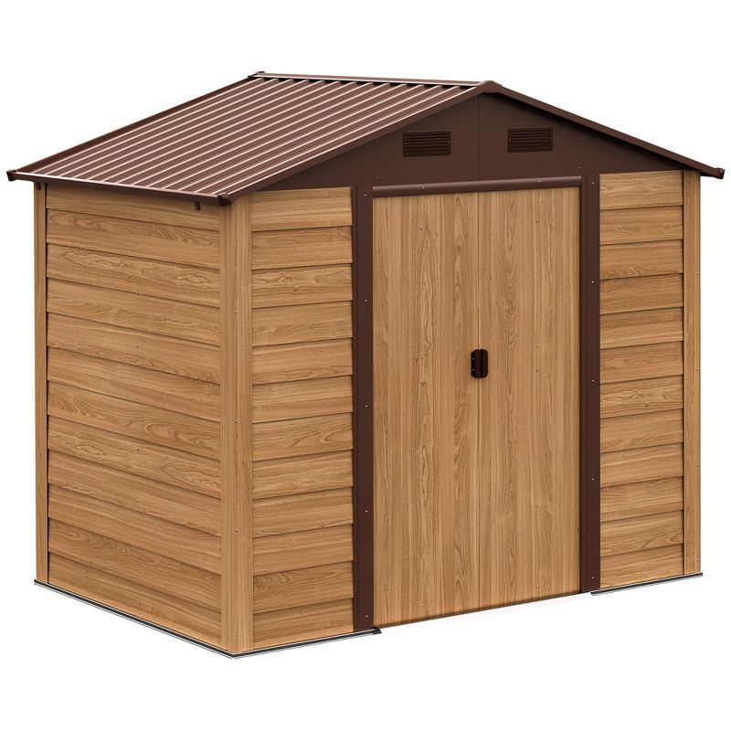 Outsunny Brown Metal Storage Shed with Windows and Sliding Doors