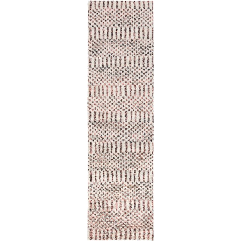 Ivory and Pink Hand-Knotted Wool Runner Rug