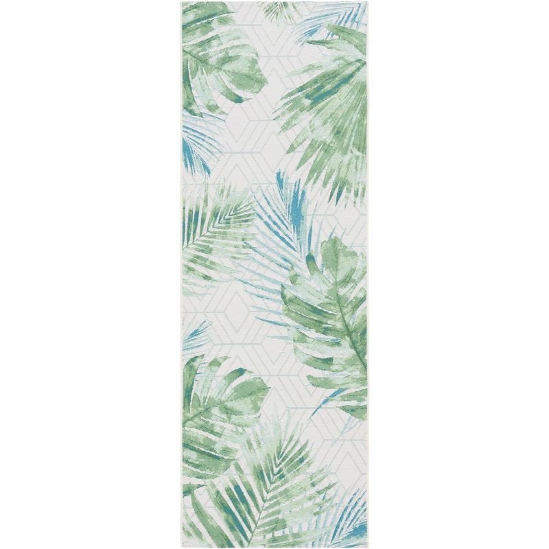 Green and Teal Tropical Leaf Pattern Synthetic Runner Rug, 2'8" x 8'