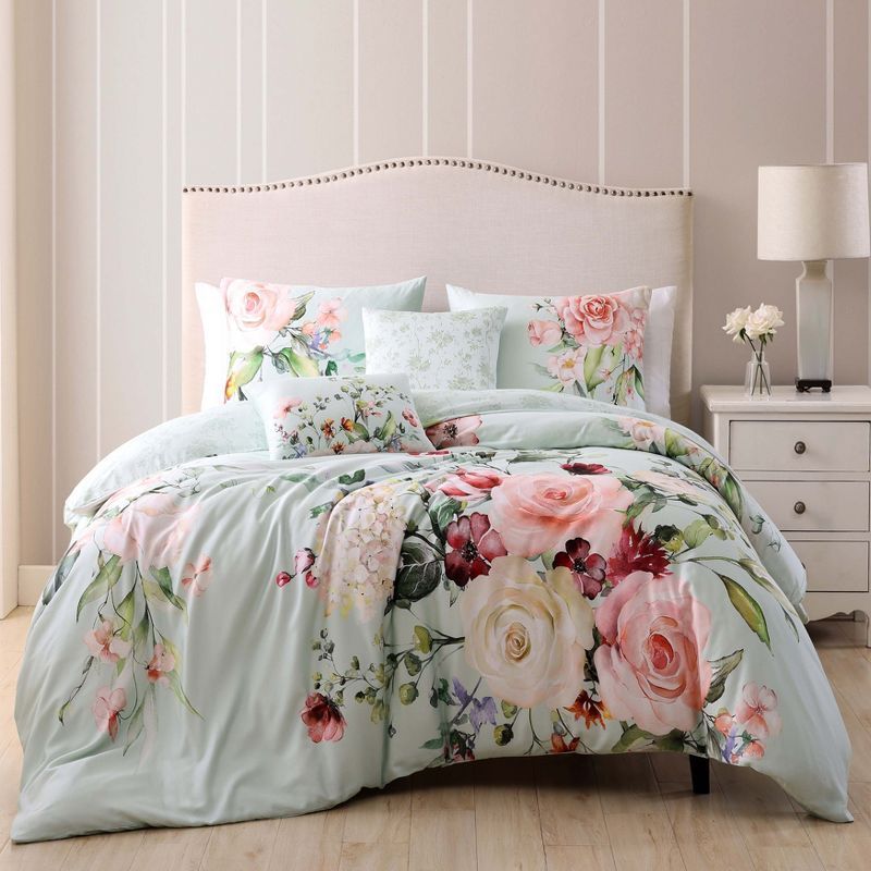 Misty Green Floral Rose Cotton King Comforter Set