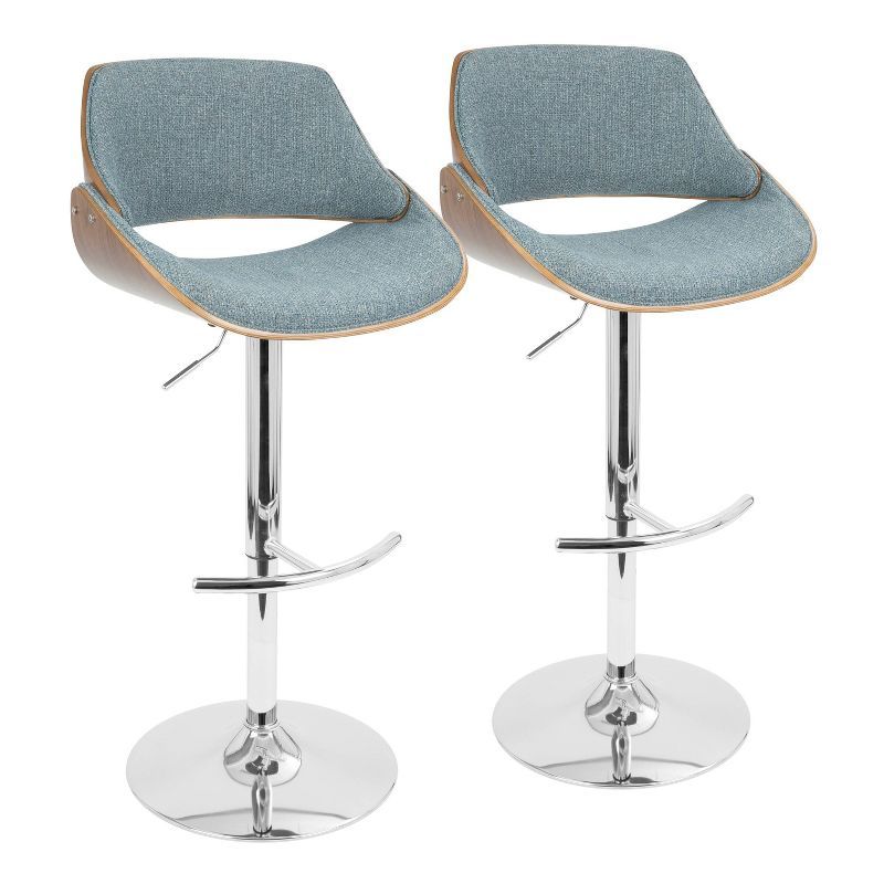 Set of 2 Blue Adjustable Swivel Barstools with Walnut Wood