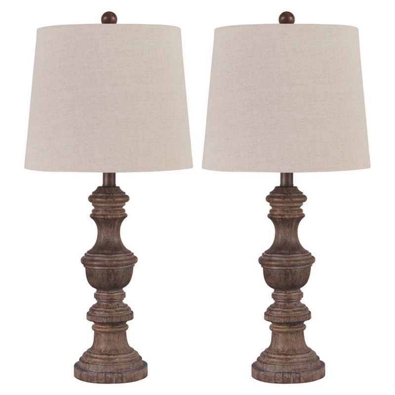 Set of 2 Brown Faux Wood Table Lamps with Drum Shade