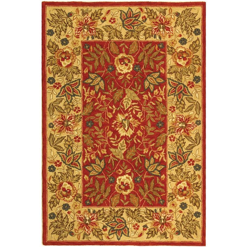 Handmade Beige and Red Floral Wool Area Rug 4' x 6'