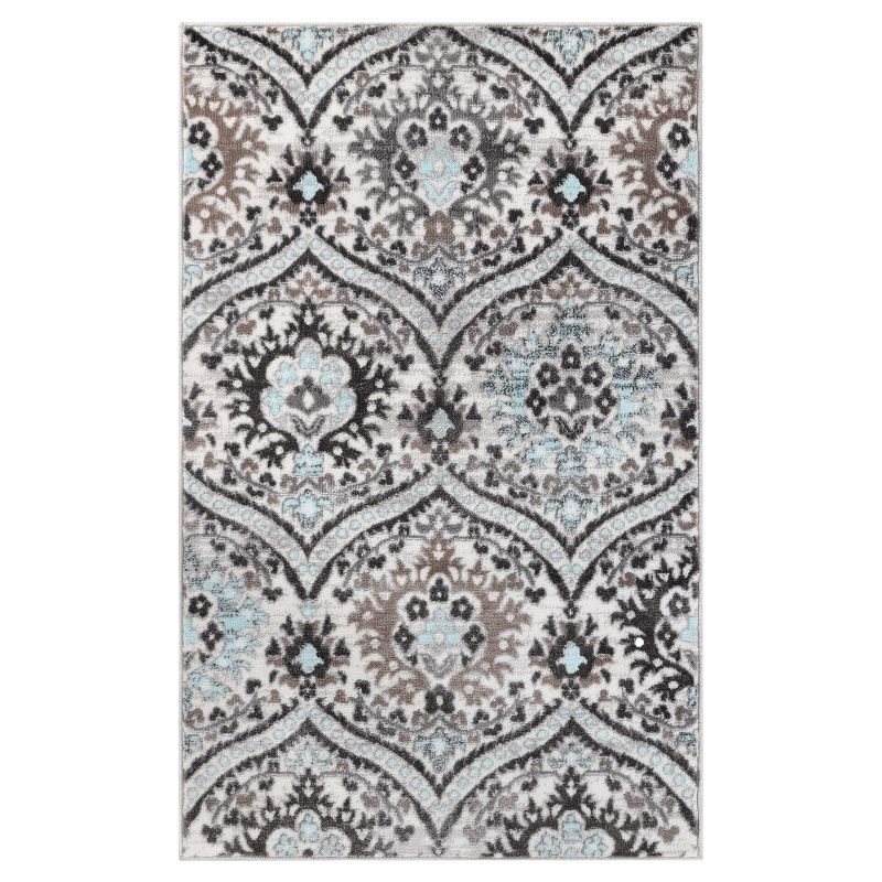 Turquoise Floral Damask Stain-Resistant Synthetic Area Rug 2' x 3'