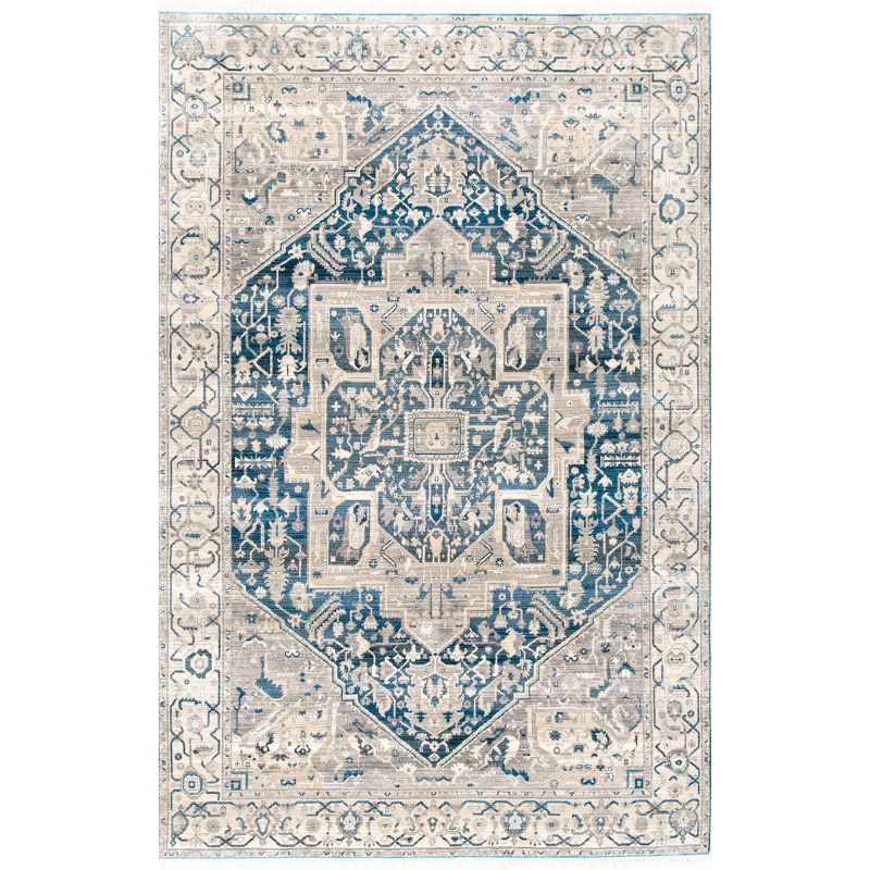 Gray and Blue Medallion Synthetic 4' x 6' Area Rug