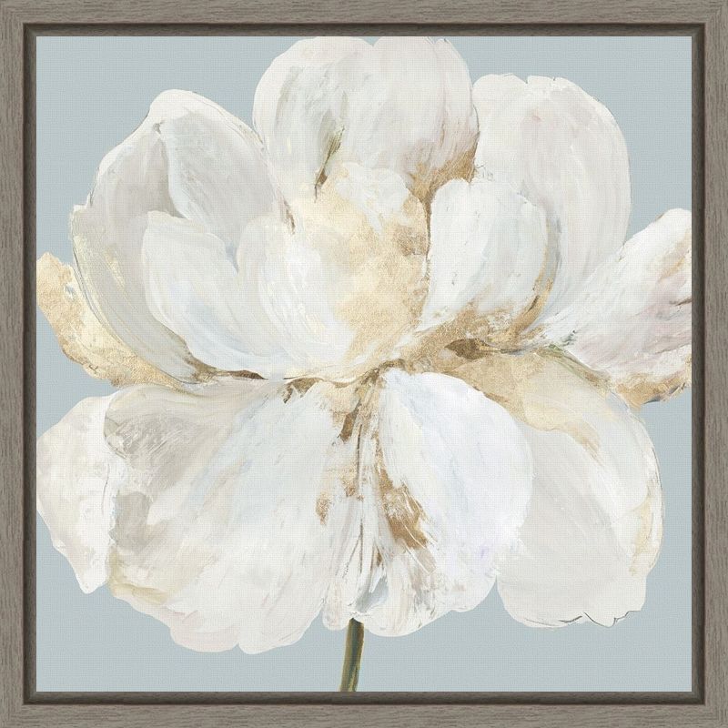 White Peony Flower Canvas Print with Gray Frame