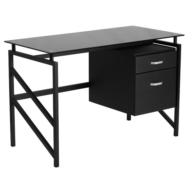 Sleek Black Tempered Glass Desk with File Drawer Pedestal