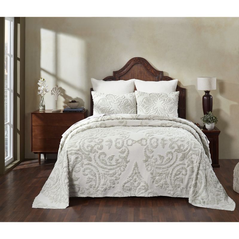 Ivory Cotton Twin Bedspread Set with Tufted Floral Design