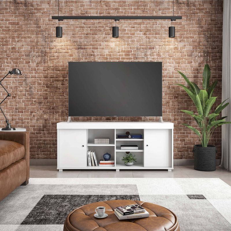 Modern White Particleboard TV Stand with Open Shelves and Cabinet