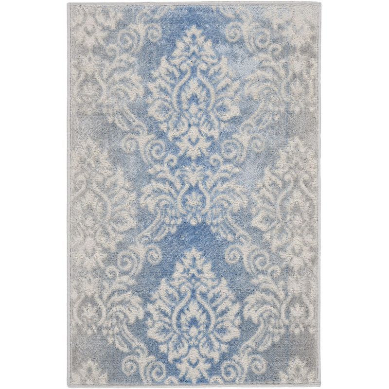 Ivory Blue Floral Damask 5' x 7' Easy-Care Synthetic Area Rug