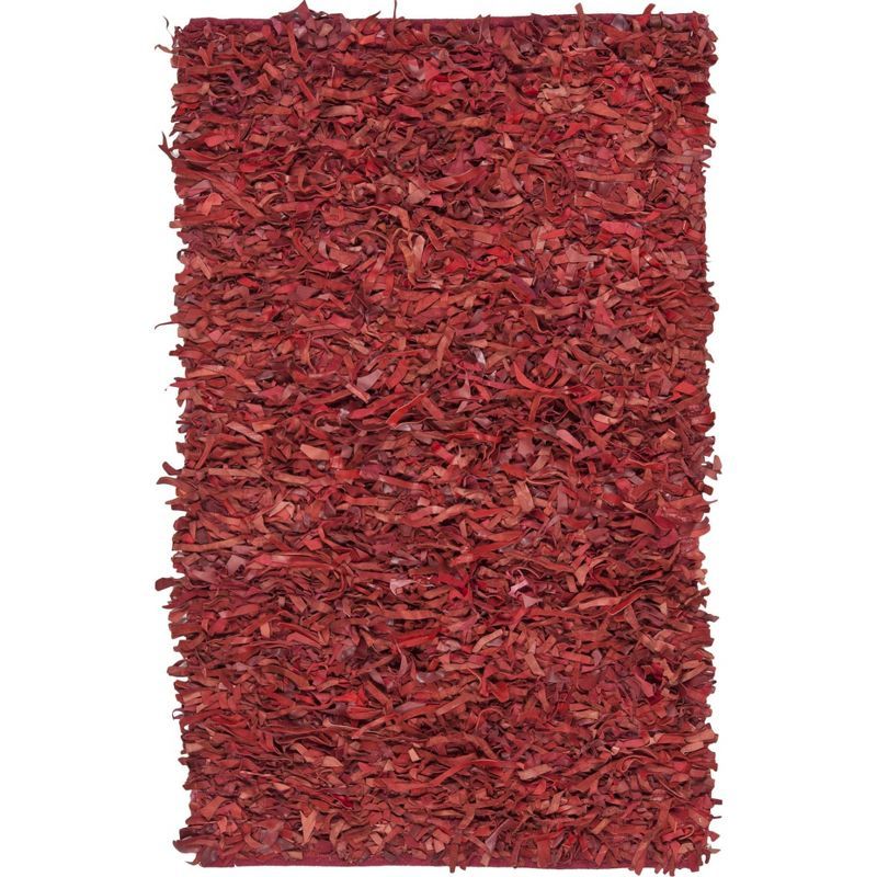 Red Hand-Knotted Leather Shag Rug with Cotton Backing