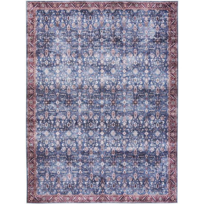 Blue and Brick Floral 5' x 7' Washable Synthetic Rug